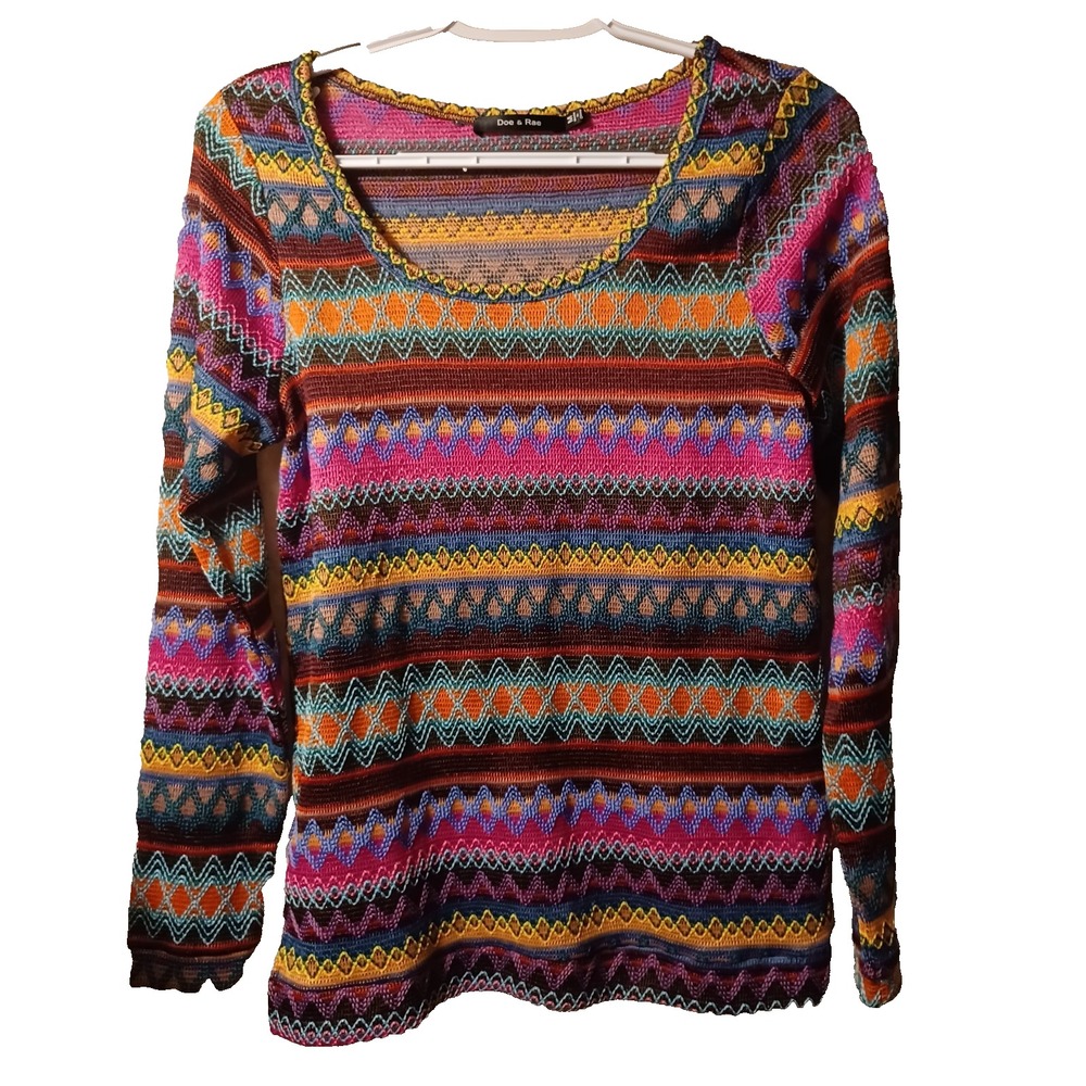 Doe & Rae BOHO Indie Striped Pattern Crochet Long Sleeve Top M Layering